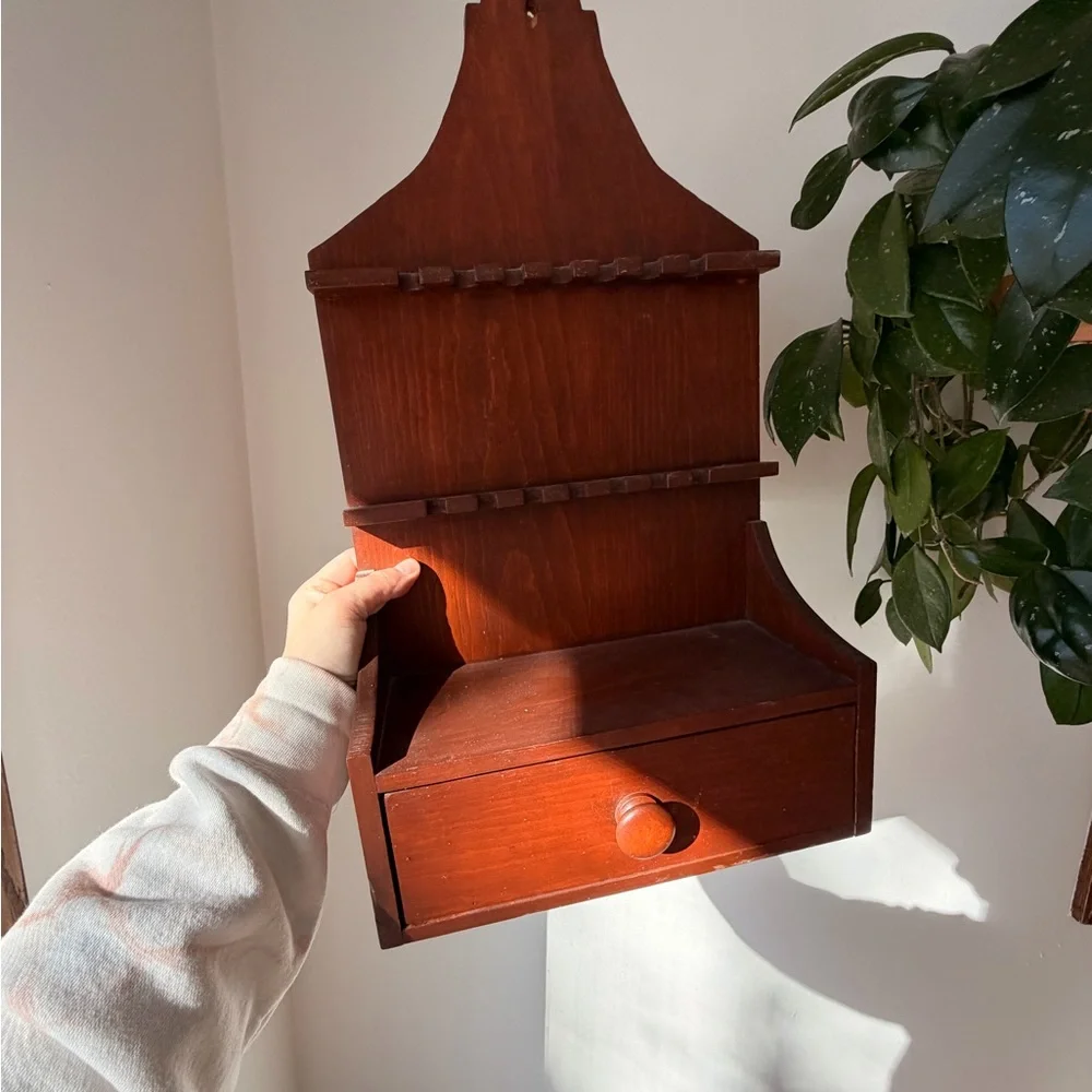 Vintage Wooden Wall Shelf with Drawer - Rich Mahogany Tone